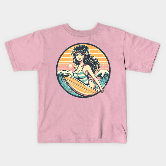 Retro Surfer Girl Kids T-Shirt by MightyBiscuit